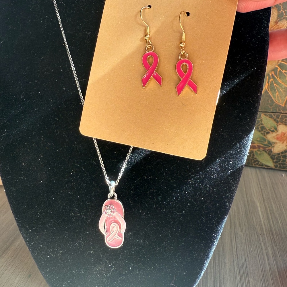 Pink Ribbon Earrings‎ and Necklace Breast Cancer Awareness
